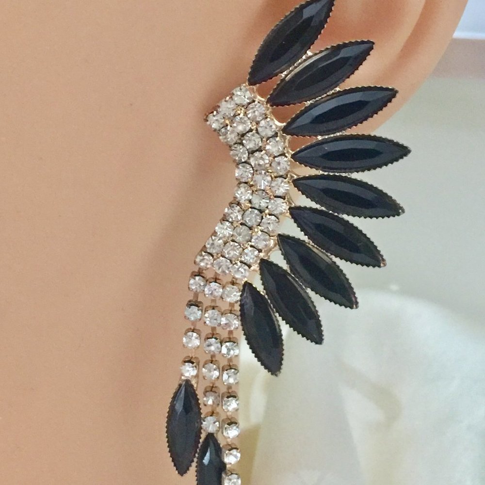Black Rhinestones Gold Long Earrings - Fashion Jewelry